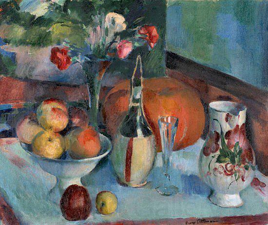 Henry Ottmann Nature morte aux fruits et a la fiasque de vin Germany oil painting art